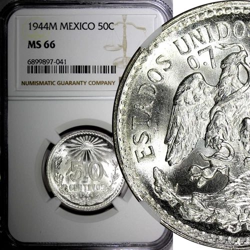 Mexico ESTADOS UNIDOS Silver 1944 M 50 Centavos NGC MS66 GEM GEM BU KM# 447 (41)