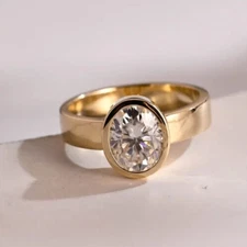 Bezel Set Oval Moissanite Solitaire Engagement Thick Band Ring Birthday Gift Her