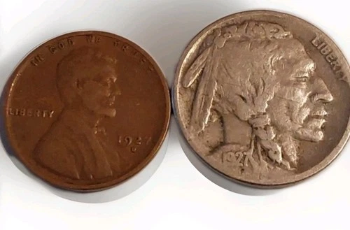 1927 Two Pc Set Buffalo Nickel 5¢ & Lincoln Very Good Nice Full Date Free Post