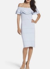 Eliza J Light Blue Off Shoulder Ruffle Knit Midi Sheath Dress, Size M
