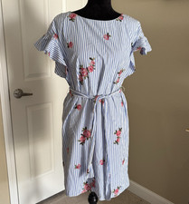 Nine West Dress Size2/4 Blue White Stripes Embroidered Rose Cottage Floral