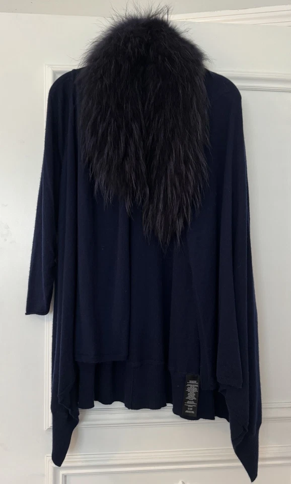 Alice and Olivia Fur Trim Cascade Cardigan In Blue Size Small - Image 2 of 4