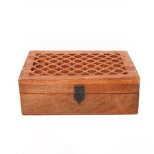 Samhita Mango Wood Decorative Wooden Box with Hinged Lid in Jali Carvings Use...