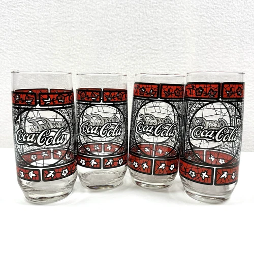 Vtg Coca Cola Tiffany Style Stained Drinking Glass Set of 4 Glasses 6'' Retro