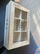 Wooden Tea Box Organiser Box with 6 Compartments and Clear Glass Cover - Brown 