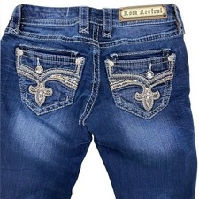 Rock Revival Yara Crop Jeans Dark Wash Rhinestone Fleur De Lis Womens 25