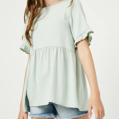 Hayden LA Ruffle Sleeve Button Back Peplum Top Sage Green #1926