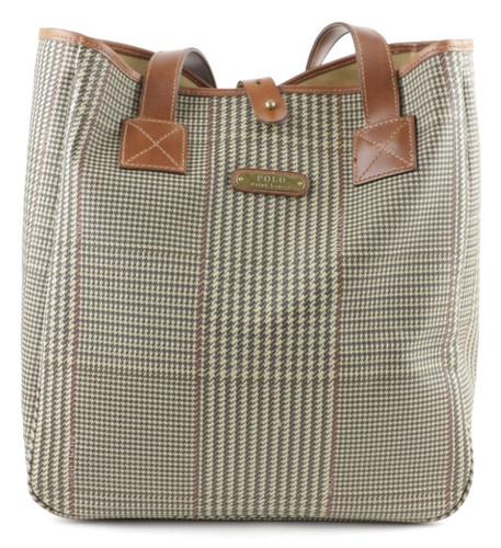 VINTAGE 90's Polo Ralph Lauren Tote Bag Glen Bag Houndstooth Brown Leather Large
