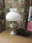 Rayo Oil Lamp Vintage, Milk White Ribbed Shade,Glass Chimney, Nickle Plated