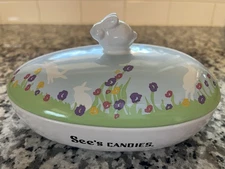 See's Candies Easter Egg Shaped Floral Bunny Rabbit Lid Dish Vintage