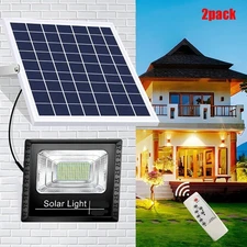 2PCS Solar Flood Spotlight Light Outdoor Garden Street Wall Remote Security Lamp