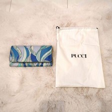 Auth Emilio Pucci Geometric Print Blue Leather Long Flap Wallet with Dust Bag