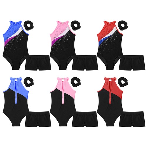 Kids Girls Bodysuit With Shorts Gymnastics Rompers Yoga Leotard Gym Dance Sport - Picture 2 of 113