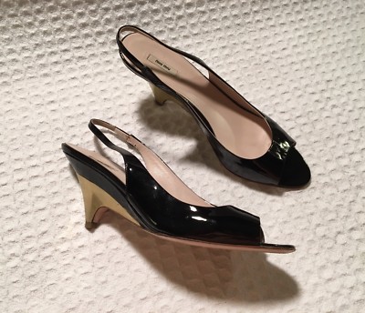 Prada MIU MIU Black Patent Leather Open Toe Slingbacks Metal Wedge High  Heels 38