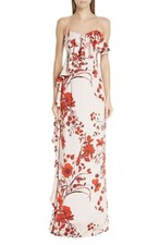 SACHIN BABI Pink Red Floral Ruffle Stretch Crepe Silk Satin Maxi Gown 12 US L