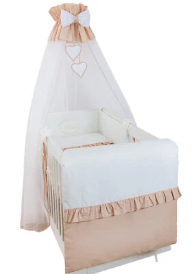 Babybett Jose mit 10tlg Komplett-Set Bettwäsche Matratze Himmel Neu Cremig Braun