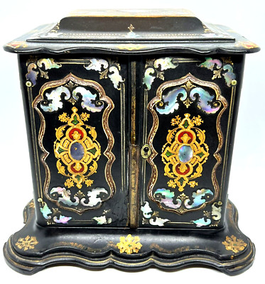 RARE George III / Regency Abalone Inlaid Lacquer Enamel Papier Mache Jewelry Box