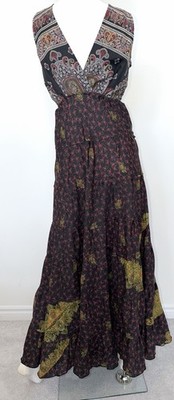 GURU Maxi Boho Retro Ruffle Hem Prairie Maxi Dress 100% Silk S/M