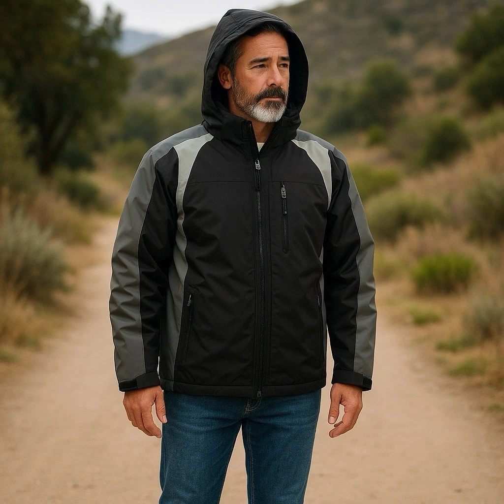 Weatherproof 32 Degrees Heat Hydro-Tech Men’s Hooded Ski Jacket Black Gray Sz MM