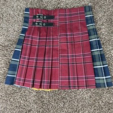 Girls Mixed Plaid Pleated Kilt Skirt Red Yellow Navy Buckle Detail Size M 7-9