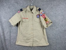 Boy Scouts Of America Shirt Women Medium Tan Uniform Short Sleeve Patches Denver