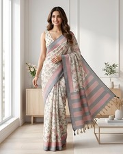 Aadatein Linen Floral Printed Saree with Designer Pallu Woven Border