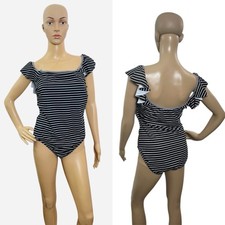 Vince Camuto Women  s Size 14 Off The Shoulder Ruffle Sleeve Striped Swimsuit