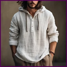 2025 New Men's Casual Blouse Cotton Linen Shirt Loose Tops Long Sleeve Tee Shirt