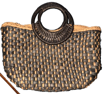 Free People Sofia Tote w/Black Braided Wicker Handles Straw Woven Boho Handbag