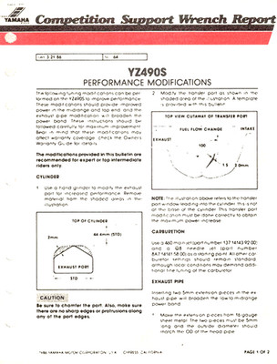 Genuine Yamaha Service Technical Bulletin 1986 YZ490 Performance Modifications