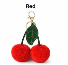 Cherry Pom Pom Keychain Faux Fur BagCharm Keyring Gift for Women and Girls