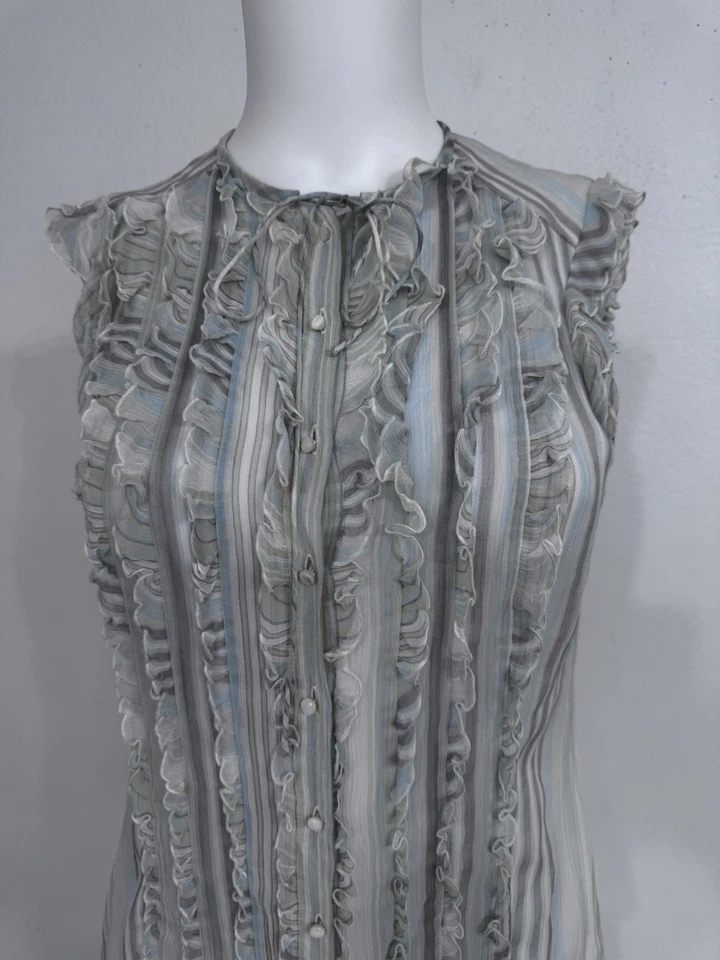 Top Rena Lange Vintage Marfil, Púrpura Seda Gasa Con Volantes Hecho en Alemania XS/S Foto 4 de 4