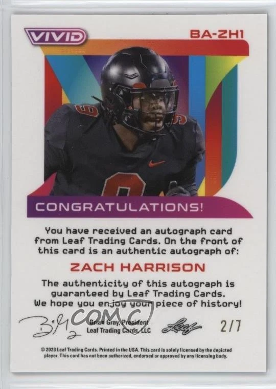 2023 Leaf Vivid Navy Blue Prismatic /7 Zach Harrison #BA-ZH1 Rookie Auto RC - Image 2 of 2