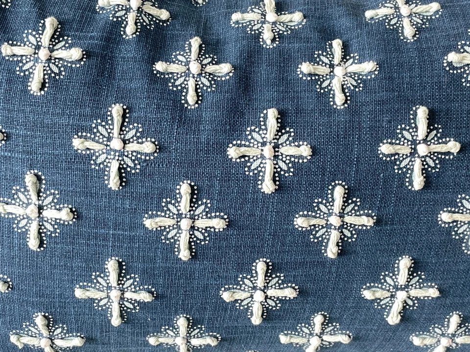 REVERSIBLE linen throw pillow tassels navy light blue embroidered 14x24 BOHO - Image 4 of 4