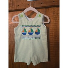 Vintage Style Smocked Sailboat Seersucker Romper Green White Striped 6M