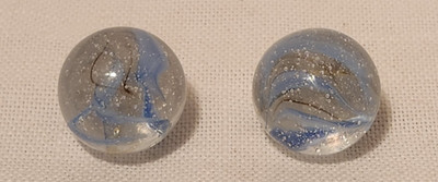 Vintage Pair .80'' Glass Marbles - Blue & Brown Ribbon