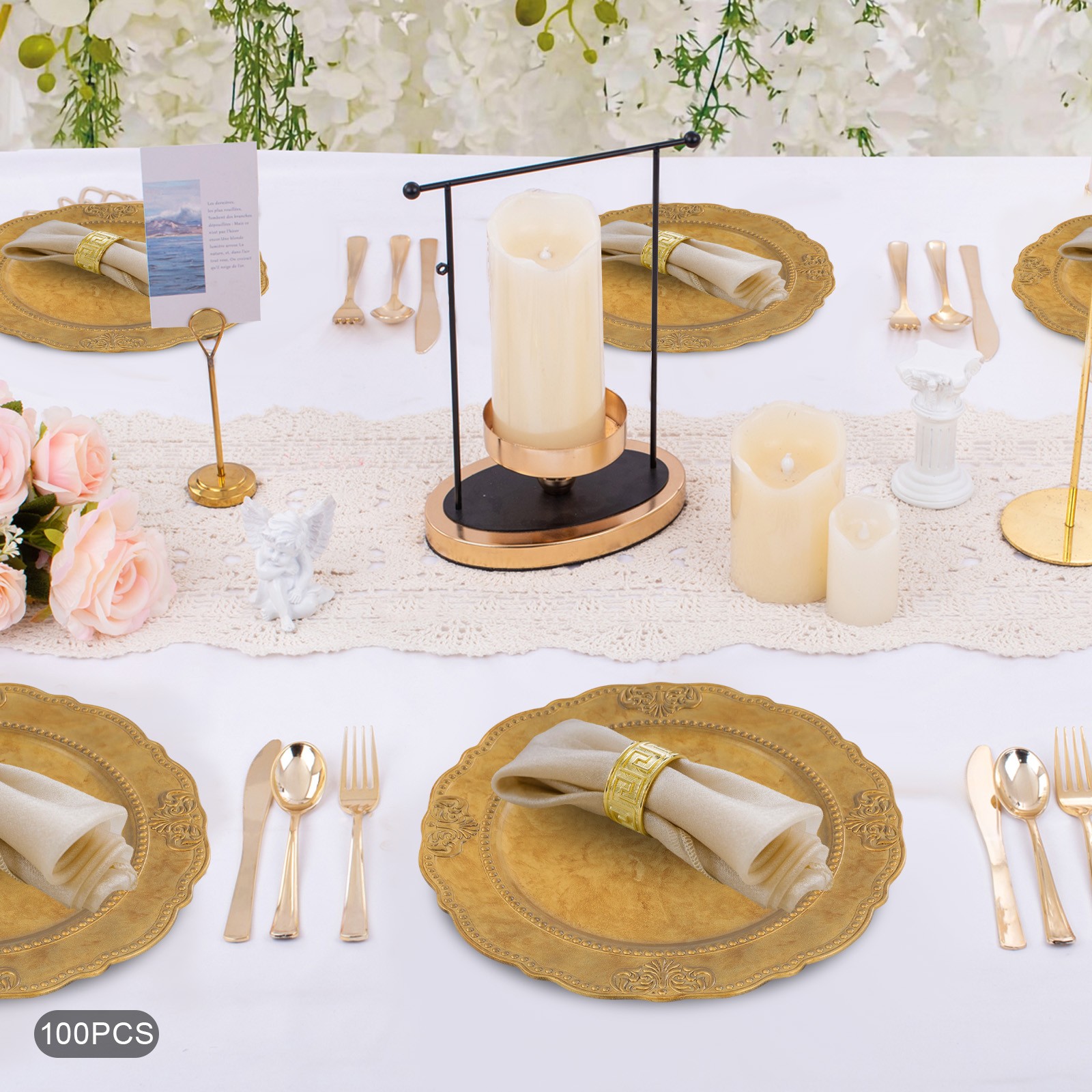 100 Pcs Antique Charger Plates Decorative Chargers for Table Dinner Kitchen Gold