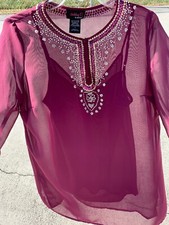 SALE @ CLOTHING CO by NOTATIONS Sheer Tunic Burgundy Blouse Women Sz S ❤️sj7m