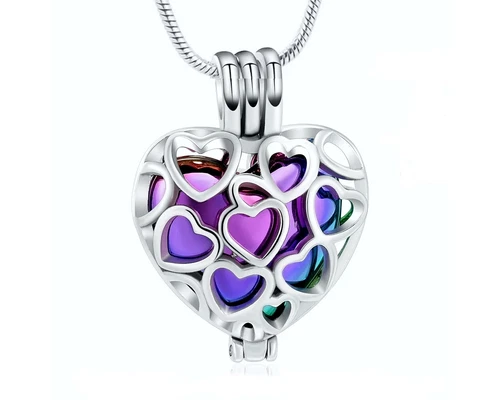 Rainbow Heart Cremation Locket Urn Pendant Ashes Silver Necklace Funeral Memory