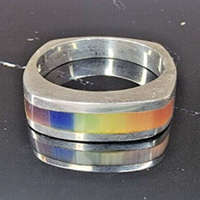 925 STERLING SILVER COLORED MOTHER OF PEARL RAINBOW SQUARE BAND RING SIZE 7