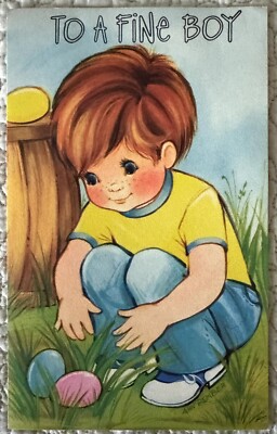 Unused Easter Boy Hide Easter Eggs Grass Redhead Vtg Greeting Card 1950s 1960s