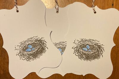 Set of 3 Lg. Spring Easter Birds Nest Hang Tags White Robins Nest Tags