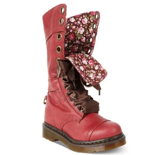 Women Retro Mid Calf Boots Lace Up Biker Punk Military Combat Ankle Bootie Shoes - Bild 8 von 13