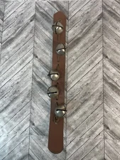 Vintage Christmas Jingle Metal 5 Sleigh Bells on Leather Strap 17"