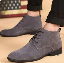 Handmade Men’s Gray Chukka Low Ankle Lace Up Dress Boots, Real Suede Office Boot