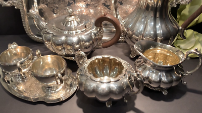 1881 Rogers Silver Plate Tea Service #7377 & Wm Rogers Tray #485