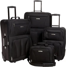 Rockland 4 Piece Upright Luggage Set Expandable Softside Black 20" 24" 28" Tote