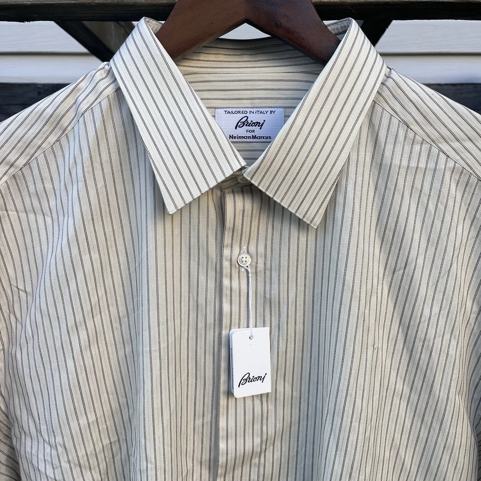 Новый с Ярлыками $285 BRIONI бежевый в полоску кнопка вверх длинным рукавом платье рубашка Sz 17,5 Италии - Изображение 2 из 4