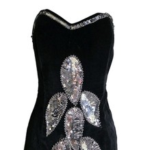 Vintage Y2K 90s Black Velvet Silver Sequined Embellished Formal Maxi Dress Small