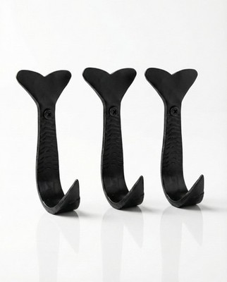 Set of 3 Hand Forged Fish Tail Shape -Wrought Iron Coat Hooks Wall Art Decor-...